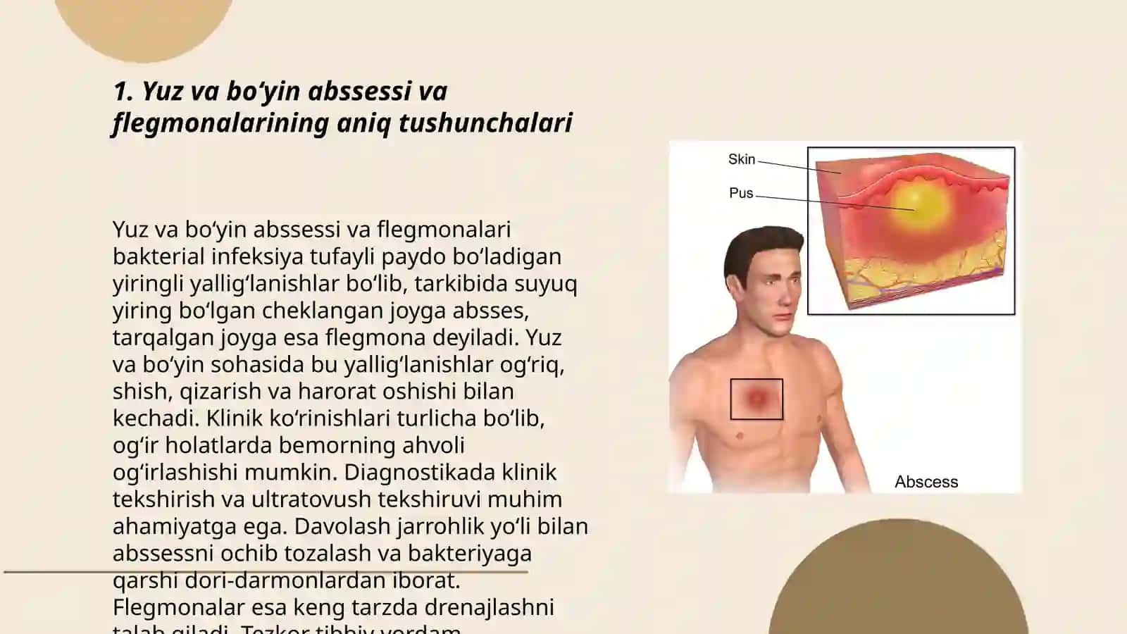 Yuz va bo‘yin abssess va flegmonalari umumiy tasnifi. Klinik ko‘rinishi va tashxislash 3