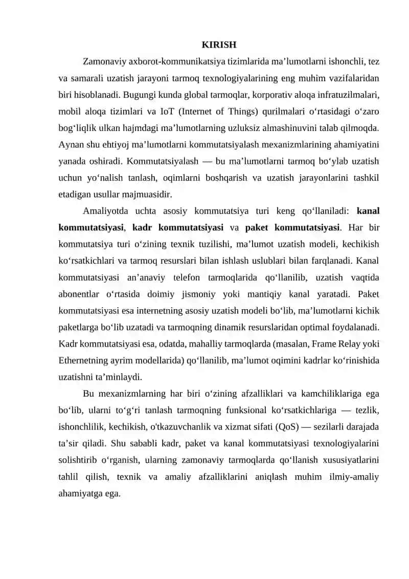 Ma’lumotlarni kommutatsiyalash kadr, paket va kanal kommutatsiyasi mexanizmlarini solishtirish 3