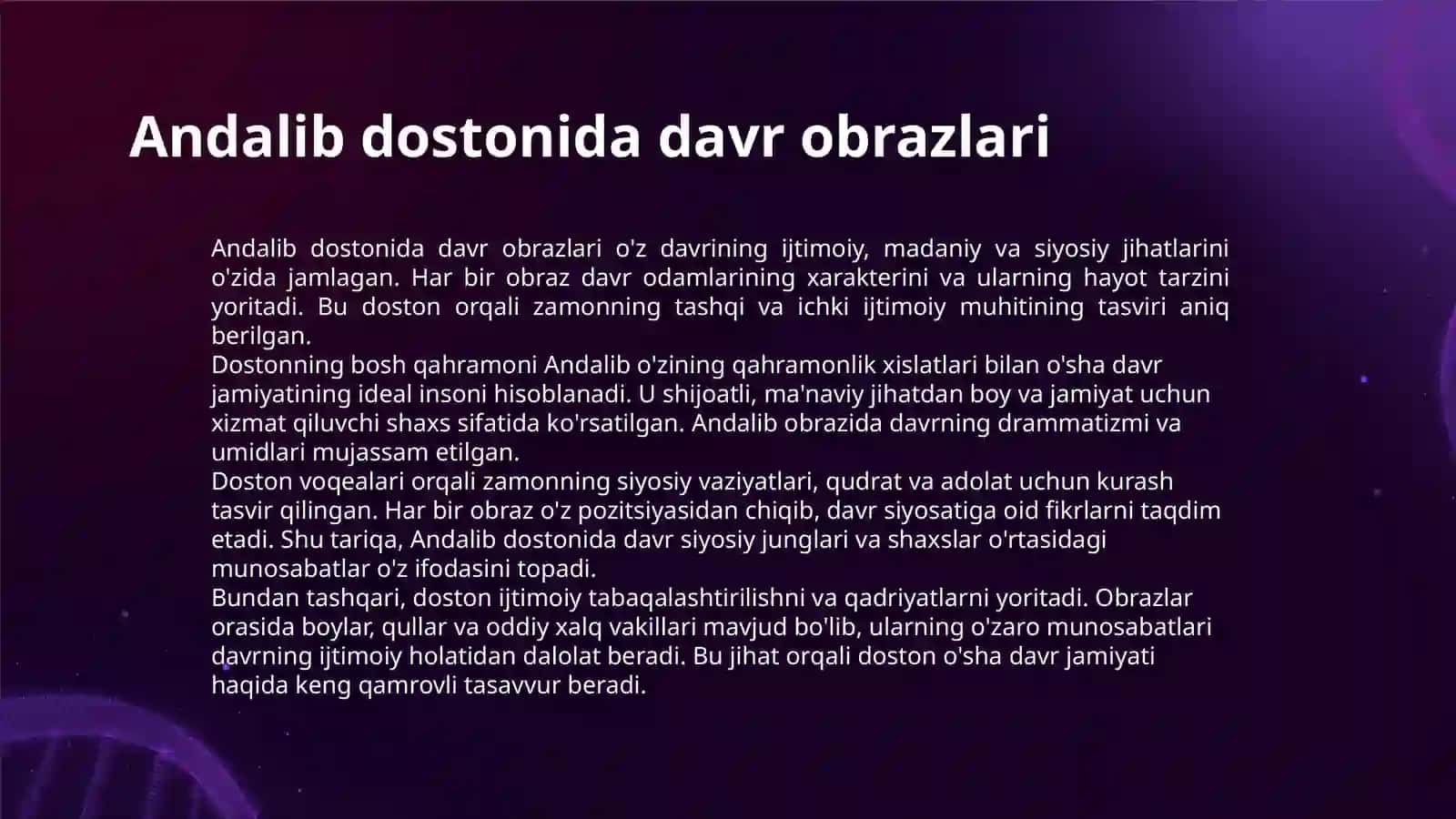 ANDALIB VA NISHOTIY DOSTONLARI MISOLIDA DAVR DOSTONCHILIGI BORASIDA MULOHAZA YURITISH. O'XSHASH VA FARQLI TOMONLARINI TOPISH 3