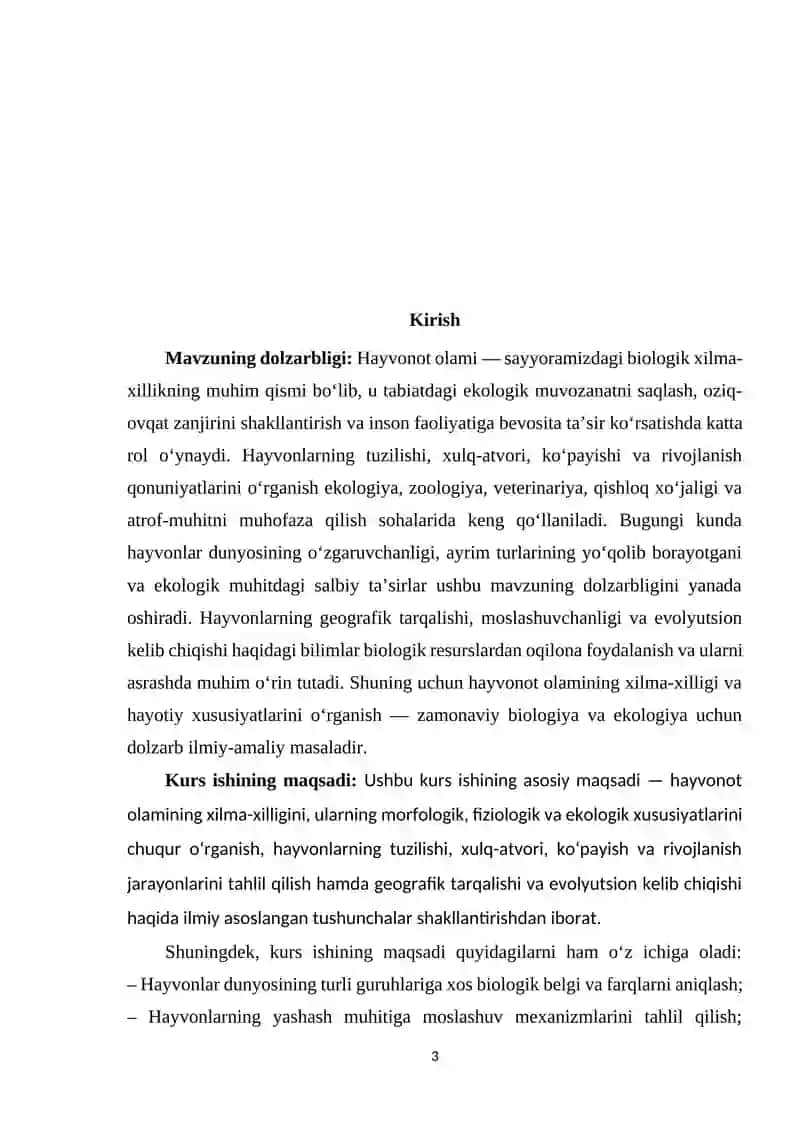 HAYVONOT OLAMINING XILMA-XILLIGI, TUZILISHI, HAYVONLARNING XULQ-ATVORI, KO'PAYISHI, RIVOJLANISHI, GEOGRAFIK TARQALISHI VA KELIB CHIQISHINI 3