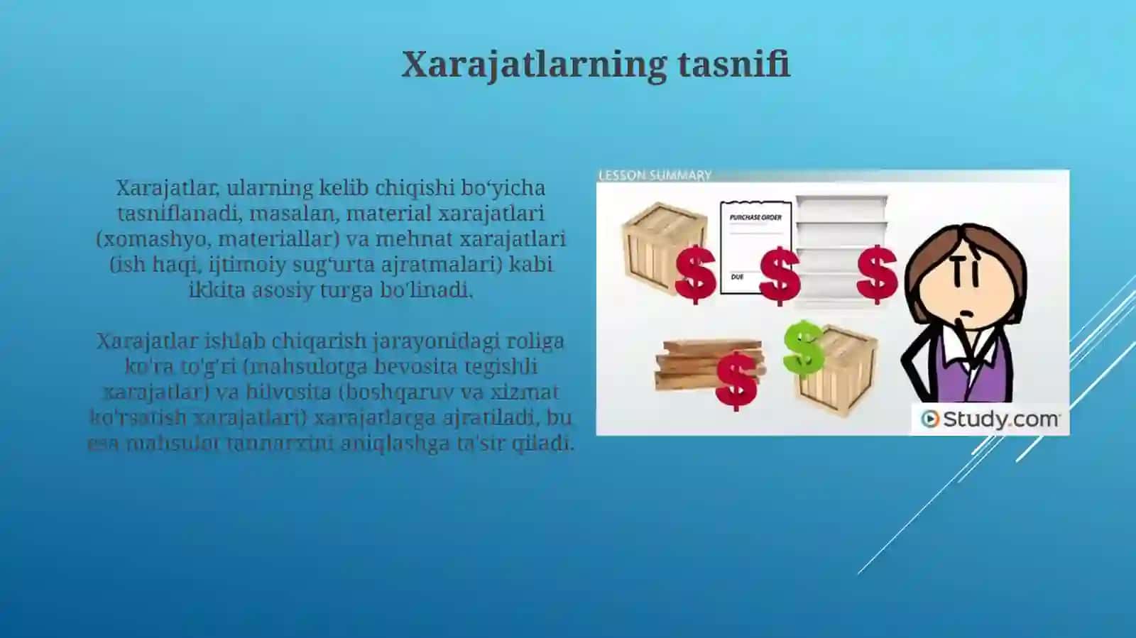 Xarajatlaring tasniflanish.Mahsulot tan narxi va uning tarkibi 3