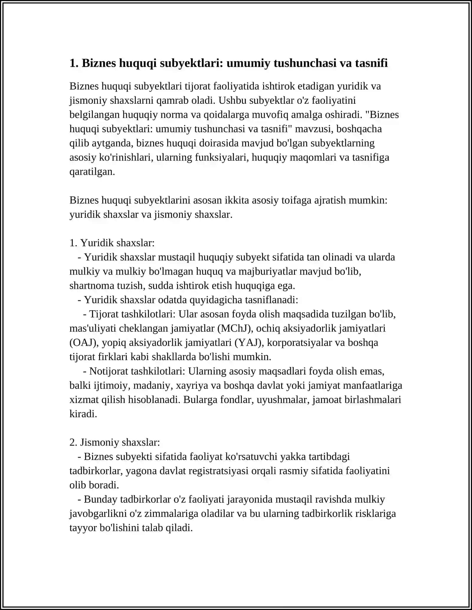 BIZNES HUQUQI SUBYEKTLARI TASNIFI 3
