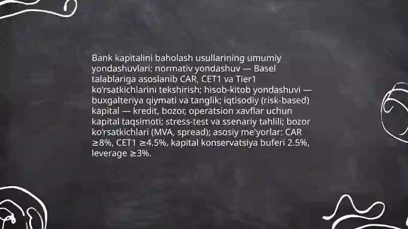Bank kapitalini baholash usullari kredit mexanizim va uning elementlari 3