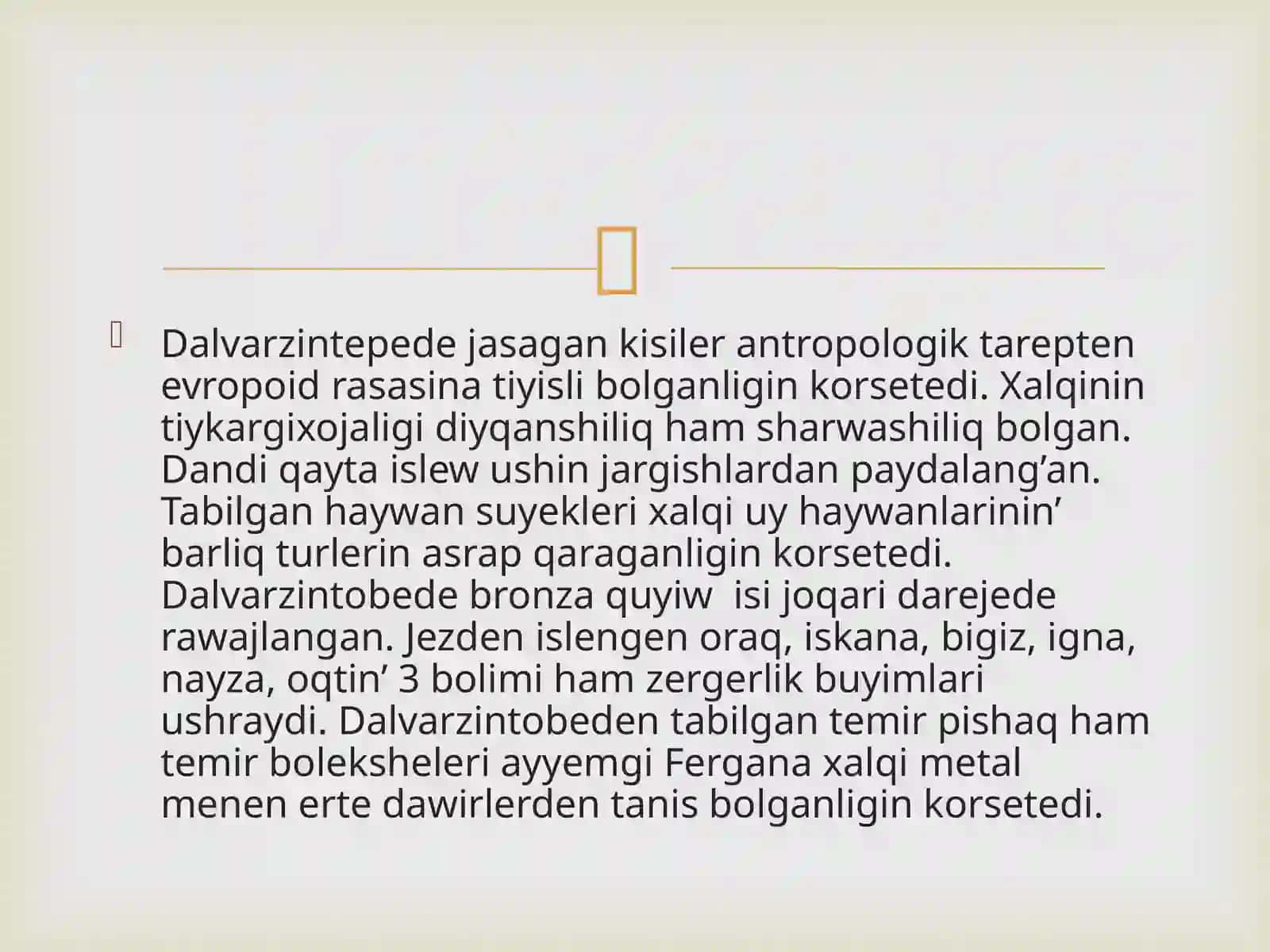 Berdaqatindagi QMU nin'tariyx fakulteti arxeologiya bag'dari 3 kurs studenti Seytmuratova Asiyani n Orta Aziya ornamentihamsu wretlewo neripaninen slaydjumisi 3