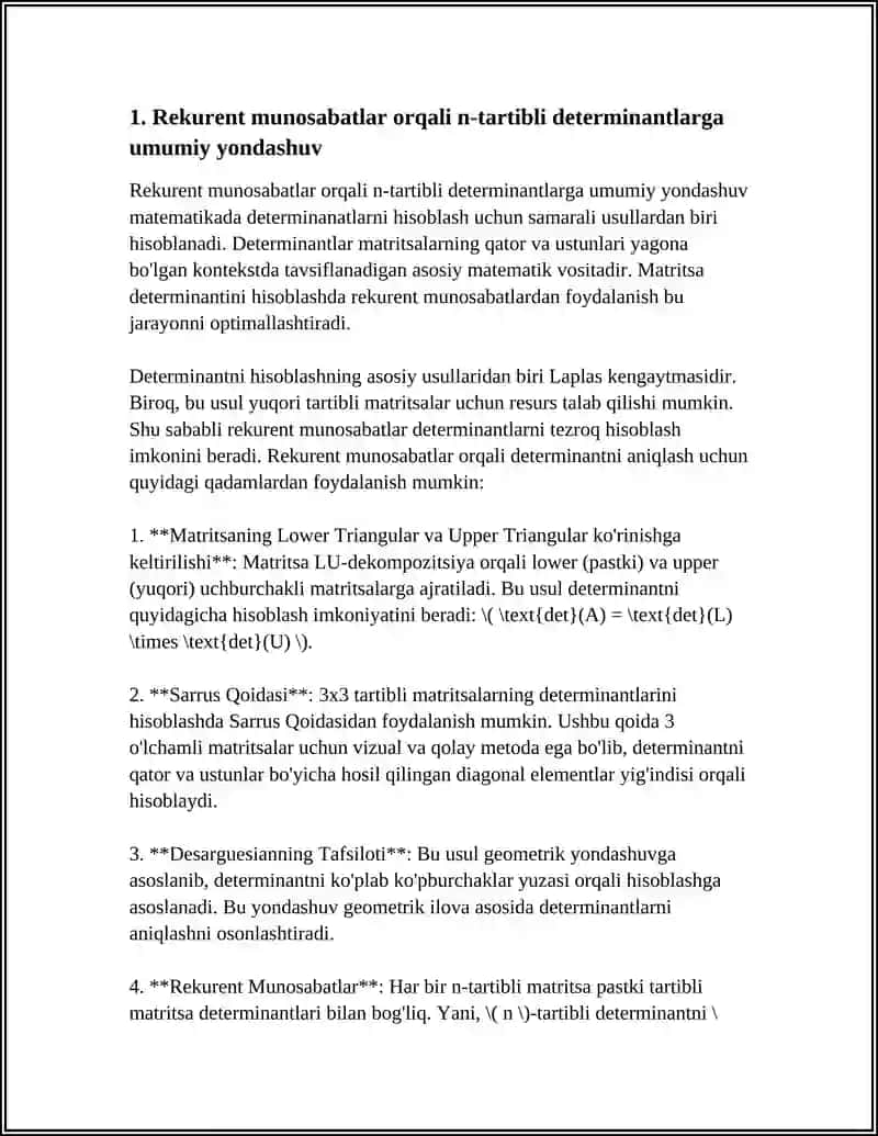 N TARTIBLI DETERMINANTLARNI HISOBLASHNING BAZI USULLARI. REKURENT MUNOSABAT ORQALI 3