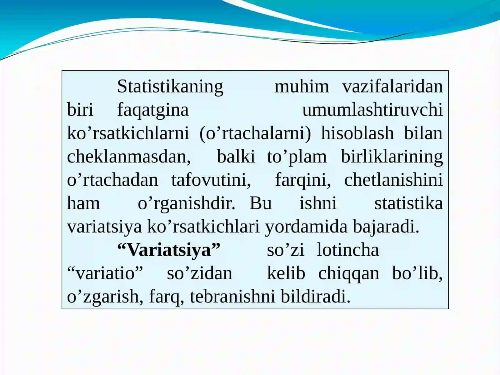 VARIATSIYA, ASIMMETRIYA VA EKSSESS KO`RSATKICHLARI 3