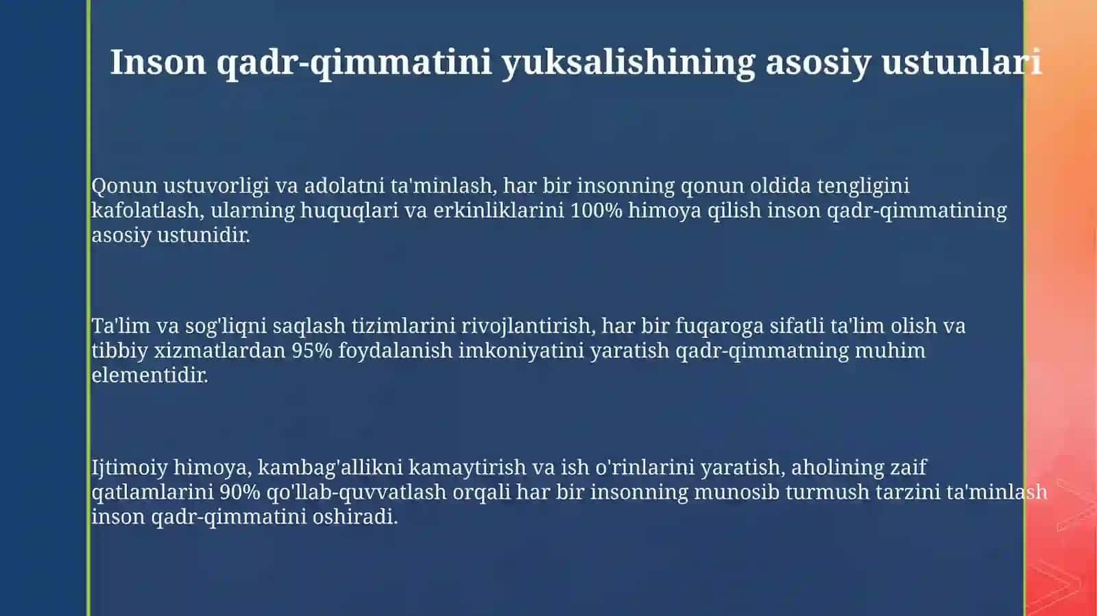 Inson qadr-qimmatini yuksaltirish: asosiy tamoyillar va yo'nalishlar 3
