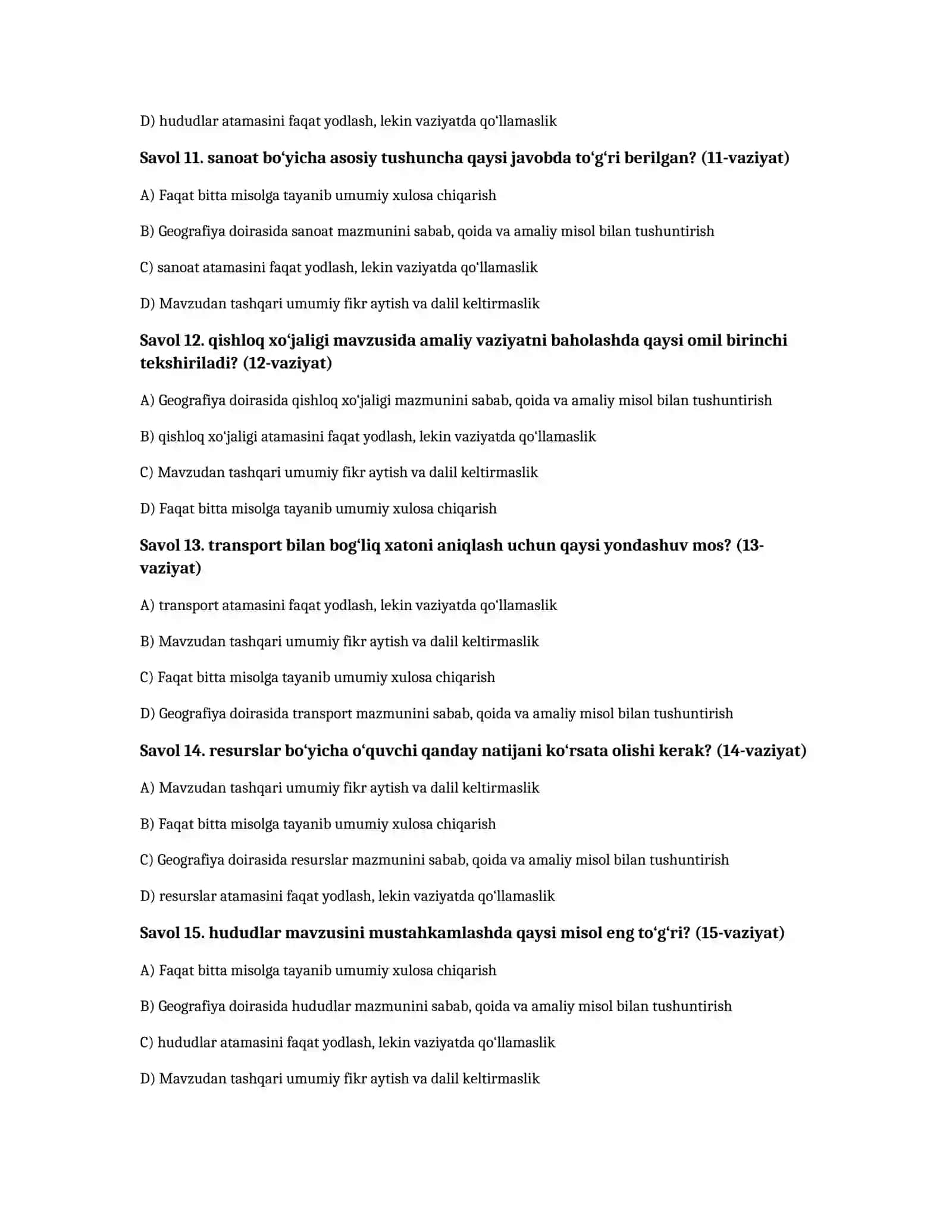 O‘zbekiston iqtisodiy geografiyasi — 100 test 3