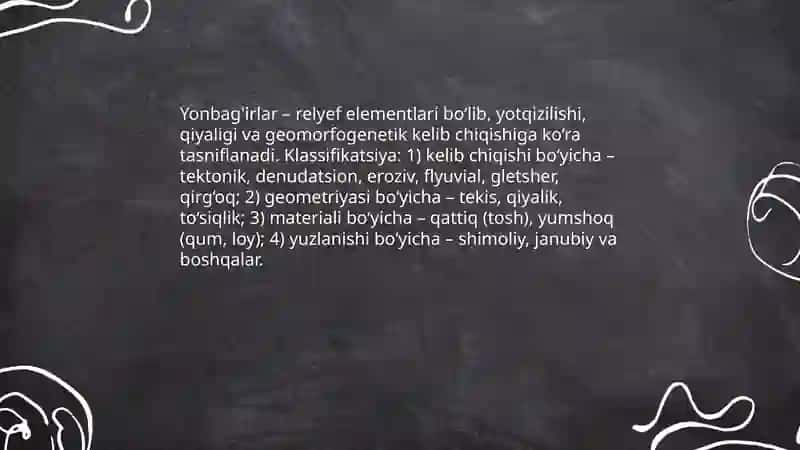 Yonbag'irlar va relyef. Flyuvial jarayonlar va relyef shakllari 3