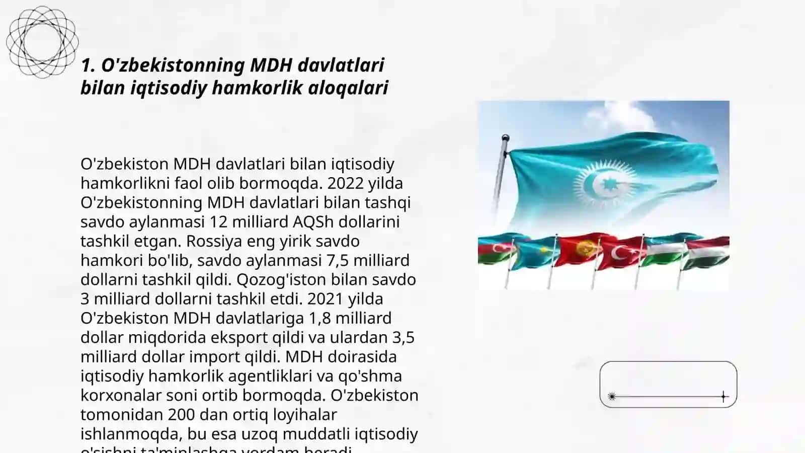 O'zbekistonninig MDH davlatlari va Markaziy Osiyo mamlakatlari bilan hamkorlik aloqalari 3