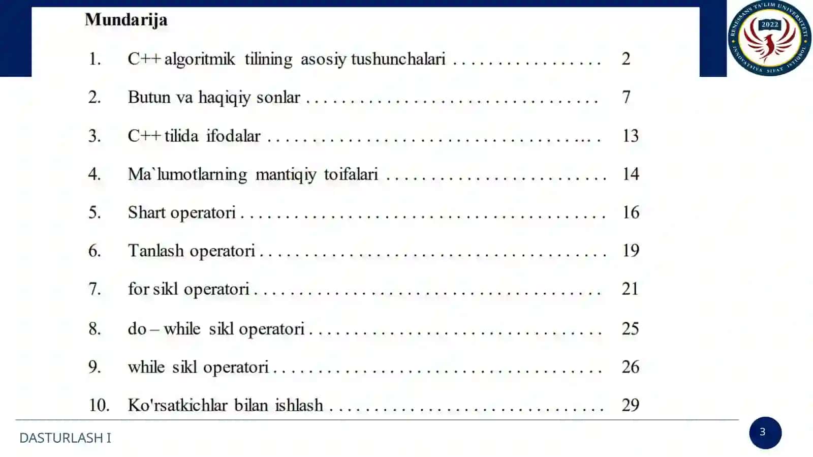 Qiymat o‘zlashtirish operatorlari va ularning ishlash usullari. C++ dasturlash tilida satrlar , matematik funksiyalar, shart operatori va ternar amali. 3