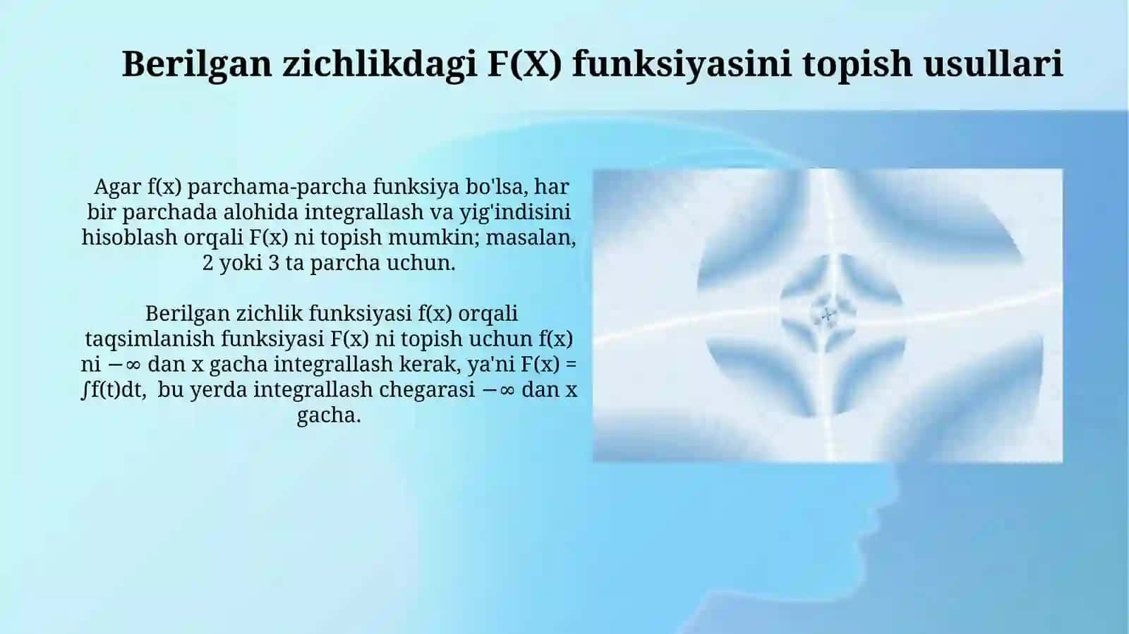 Taqsimot zichligi berilgan tasodifiy X kattalikning A koeffitsienti f(x) taqsimoti funksiyasi 3