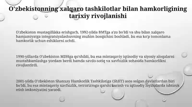 O'zbekistonning xalqaro tashkilotlar bilan hamkorlik aloqalari 3