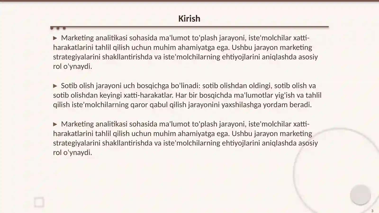 Marketing analitikasida malumot to'plash va sotib olishdan oldingi, sotib olish va sotib olishdan keyingi xatti-harakatlarni tahlil qilish 3