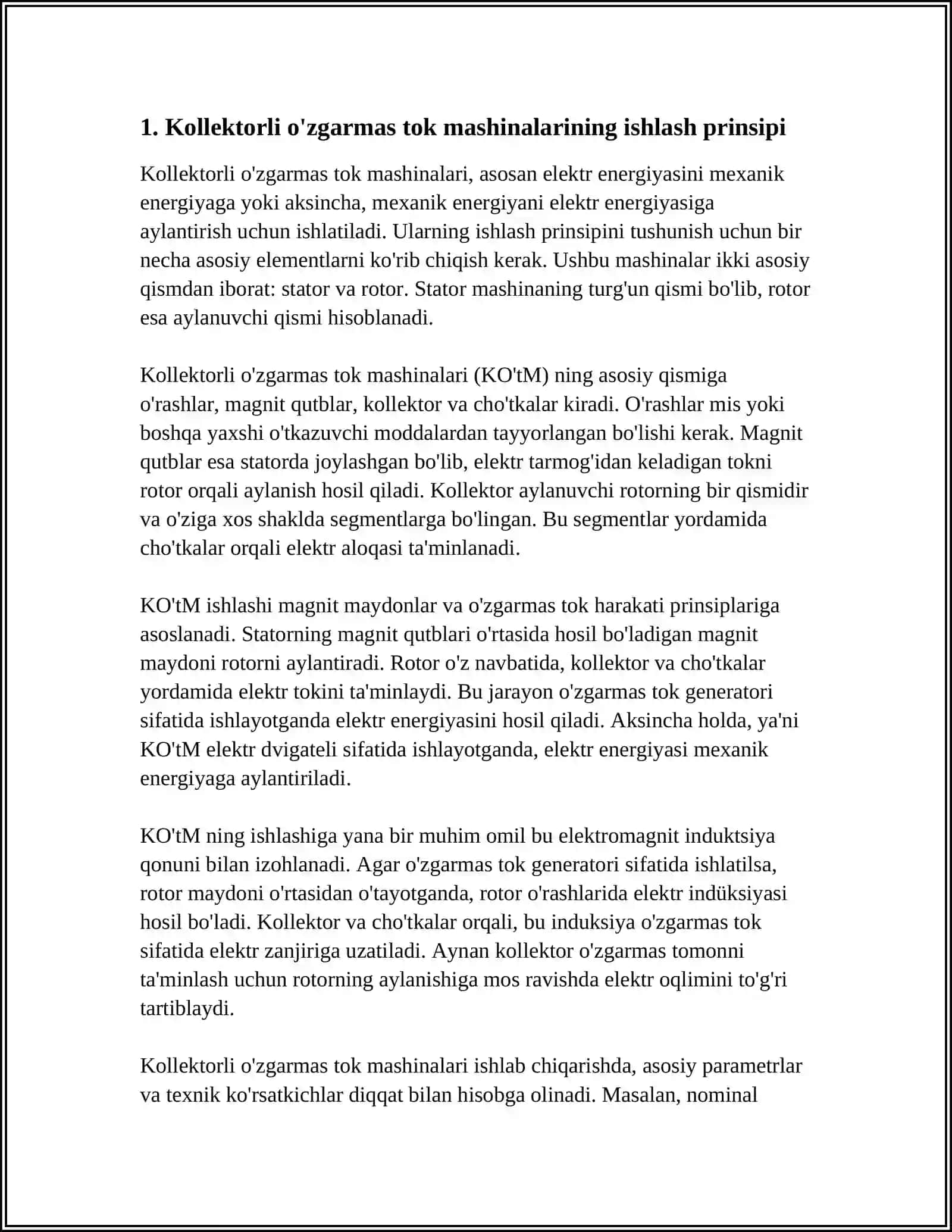 KOLLEKTORLI OʻZGARMAS TOK MASHINALARIDA KOMMUNIKATSIYA.OʻZGARMAS TOK GENERATORLARINING XARAKTERISTIKALARI 3