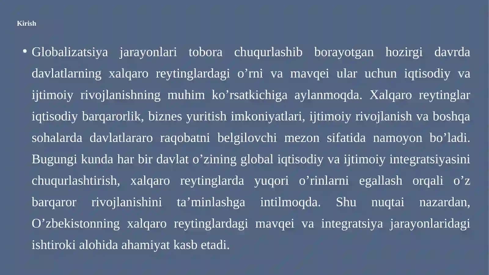 Iqtisodiy va ijtimoiy sohadagi ustuvor halqaro reytinglar va ularga O’zbekistonning integratsiyalashuvi 3