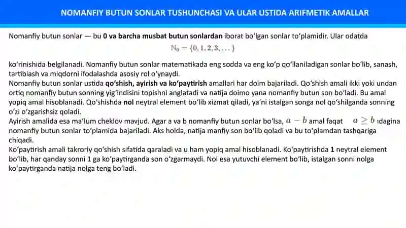Nomanfiy butun sonlar ustida arifmetik amallar. Sonlarning bo‘linishi. Nomanfiy butun sonlar yig‘indisi va ko‘paytmasining bo‘linish 3