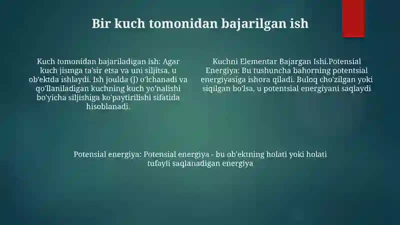 Kuchni Elementar Bajargan Ishi.Potensial Energiya 3