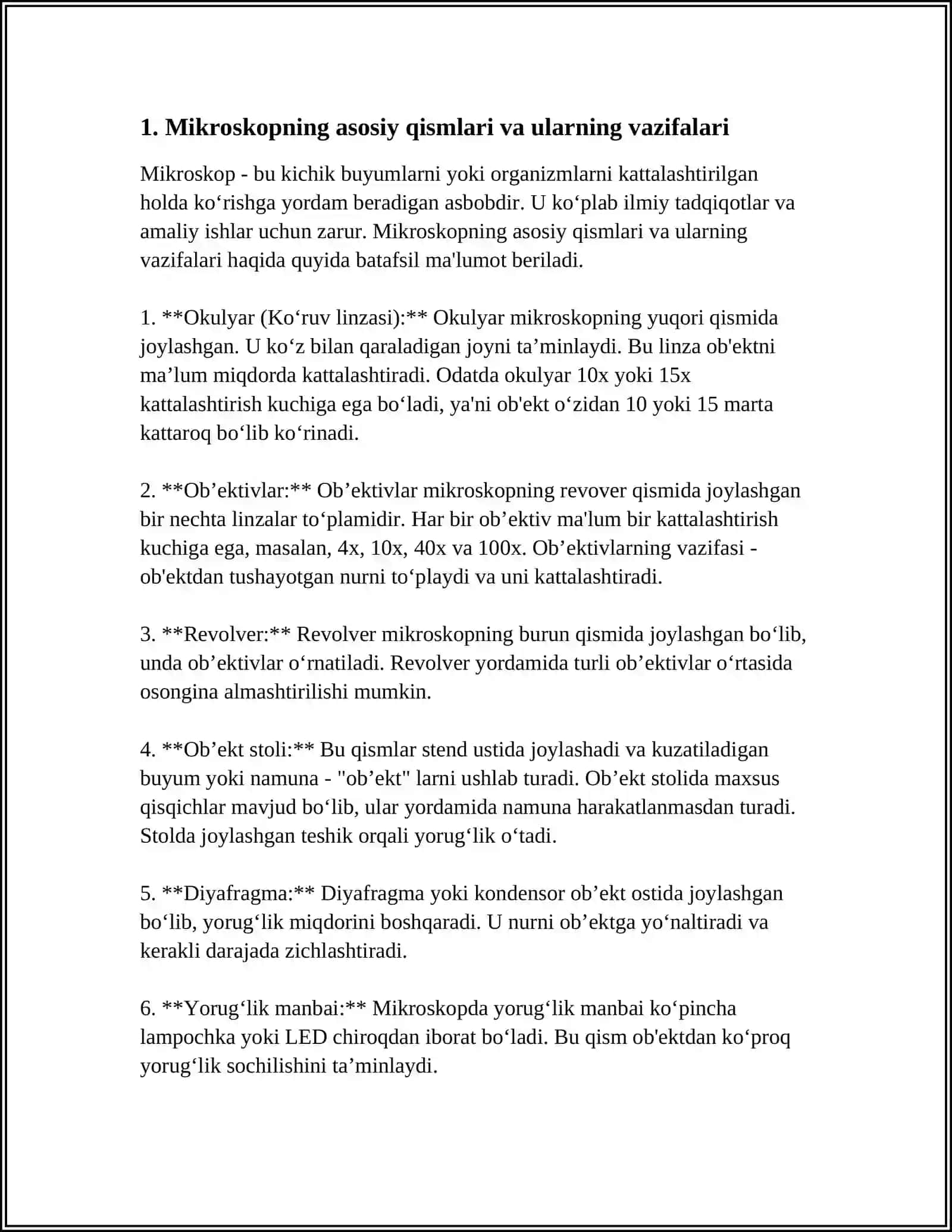 MIKROSKOP.MIKROSKOP BILAN ISHLASH QOIDASI.VAQTINCHALIK PREPARAT TAYYORLASH 3