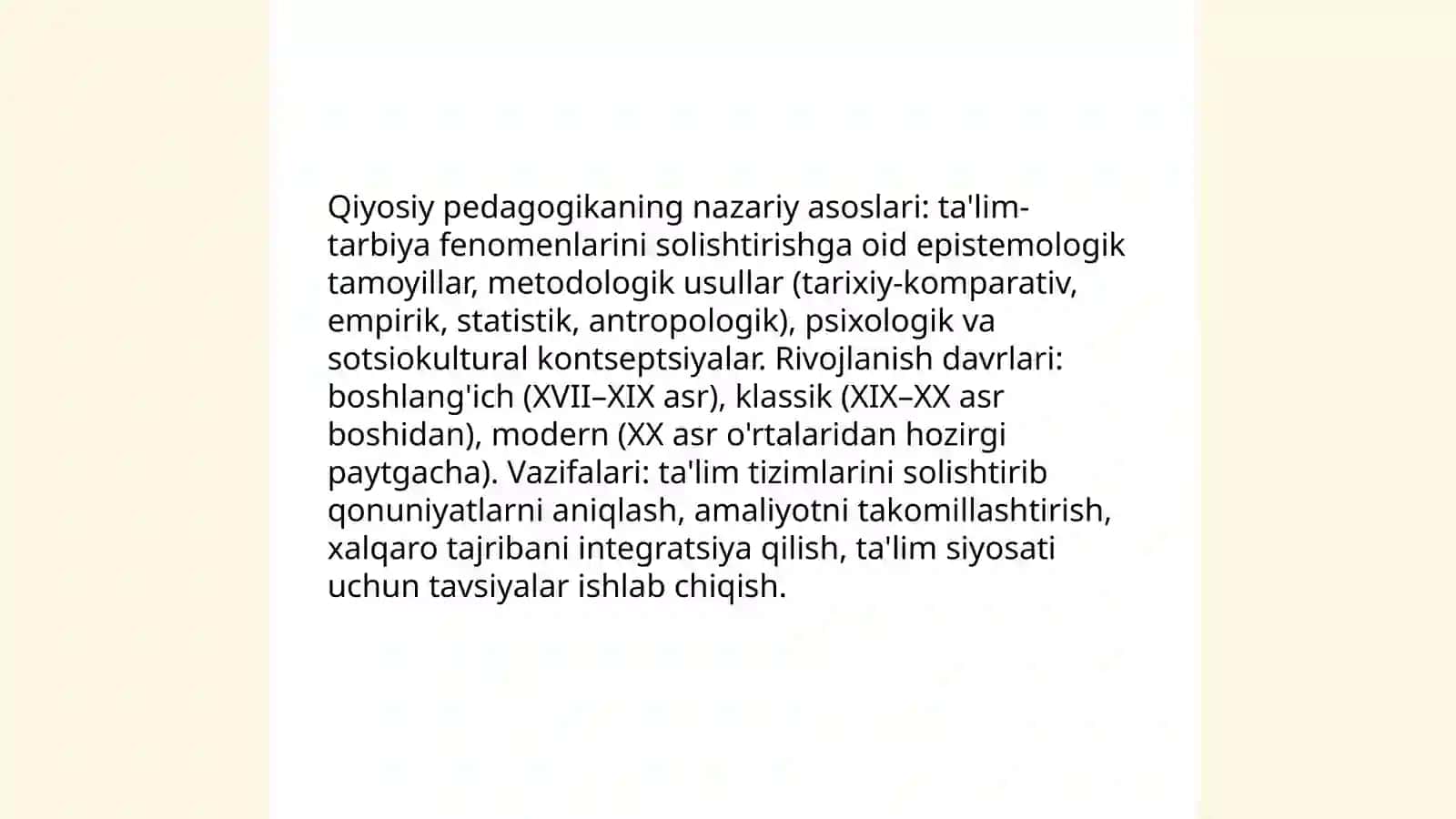 Qiyosiy pedagogika fani taraqqiyotining davriy xususiyatlari mazmuni vazifalari 3