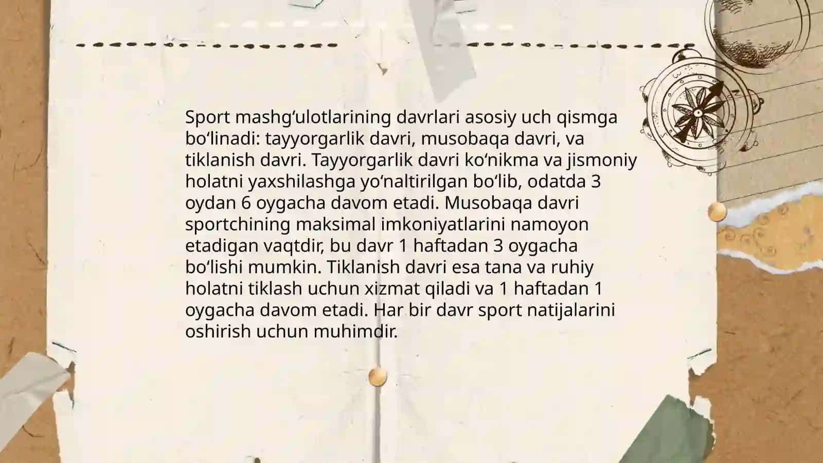 Sportchilar tayyorgarligining tuzilish asoslari, sport mashg‘ulotlarining davrlari.. Sport mashg‘ulotlari ko‘p yillik jarayon sifatida (sport formasi). Boshlang‘ich ta’limda pedagogning kompetensiyasi 3