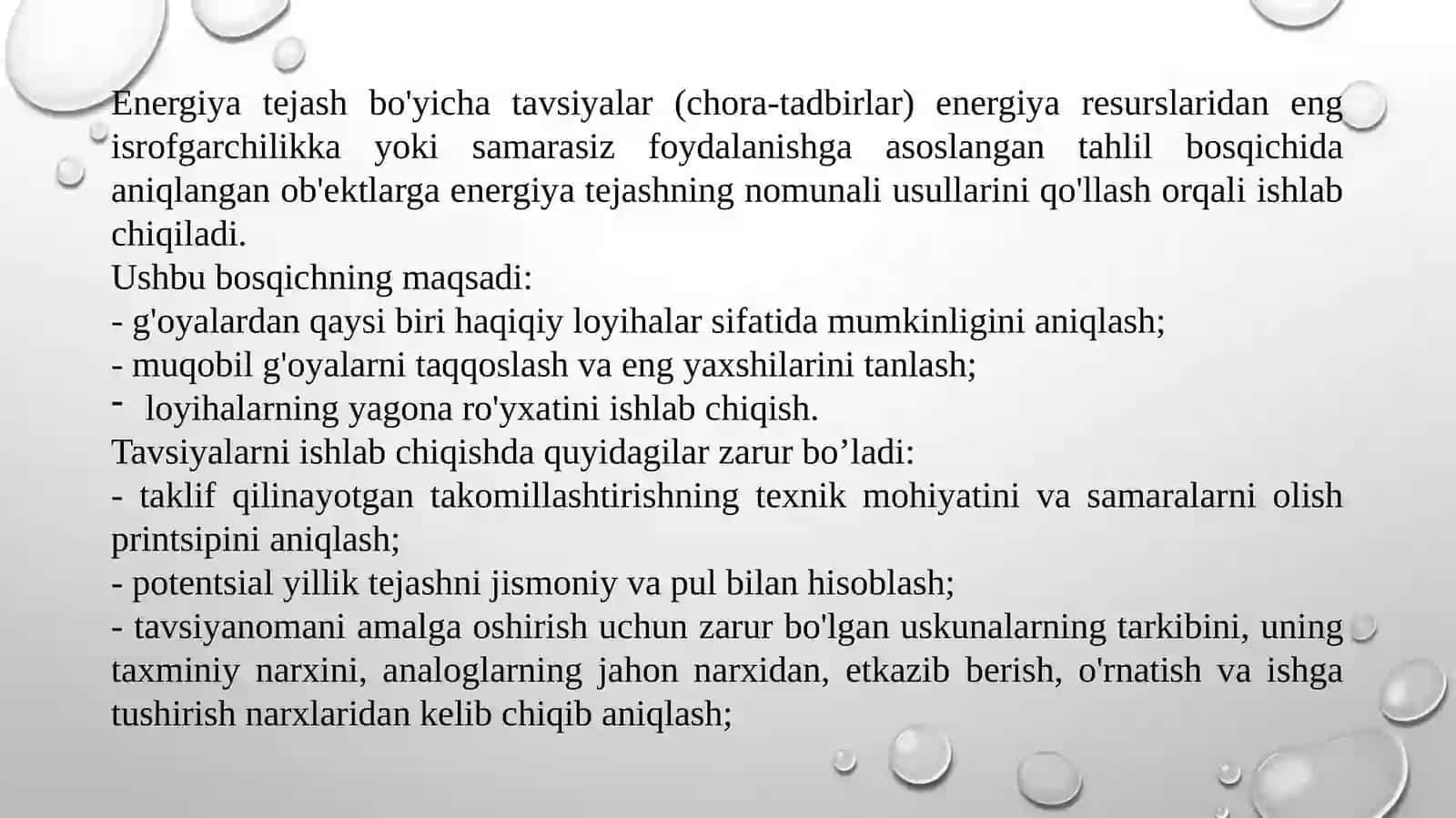 Energiyani tejash bo'yicha tadbirlarni ishlab chiqish, iqtisodiy baholash tartibi va kelishishlar bosqichi 3