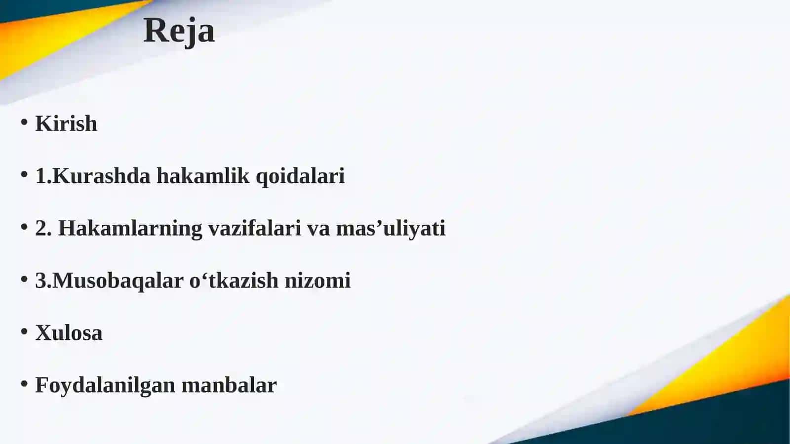 Kurash turi bo‘yicha hakamlik qilish qoidalari, hakamlarning vazifalari, musobaqalar 3