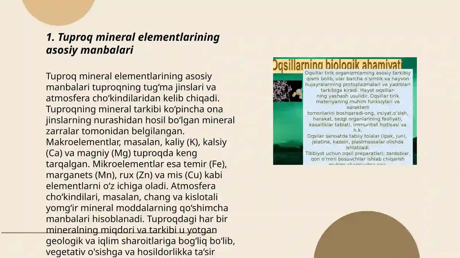 Tuproq mineral elementlari manbai. Tuproq eritmasi, uning tarkibi va mineral elementlarning yutilish mexanizmi 3