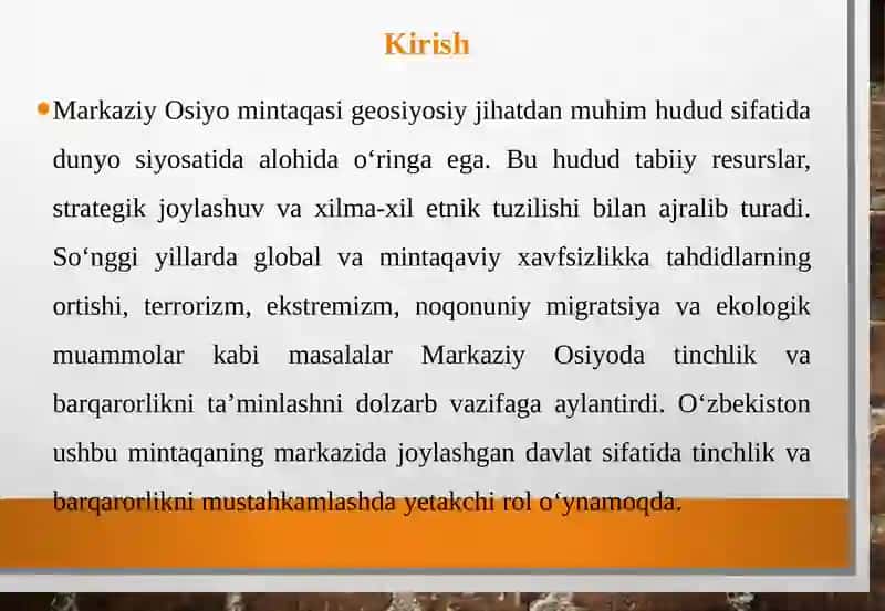 O‘zbekistonning Markaziy Osiyodagi tinchlik va barqarorlik ni ta‘minlashdagi o‘rni 3