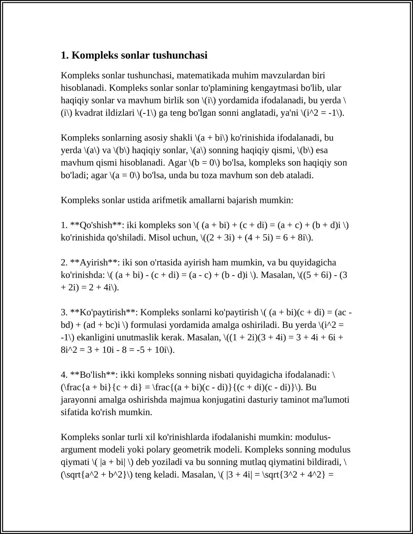 Complex Sonlar va Ularni Amallar bo'yicha Mustaqil Ish 3