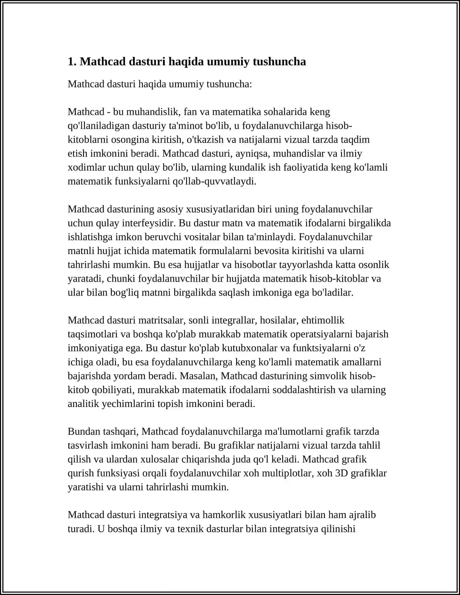 MUSTAQIL ISH Mavzu: MATHCAD SIMULIZATSIYA MUHITI HAQIDA TUCHUNCHA BERING 3