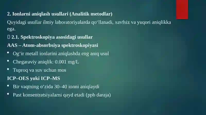 Tuproq vasuvning ifloslanishida ion bog’lanishli birikmalarini aniqlab uchraydigan asosiy ifloslantirgichlar 3