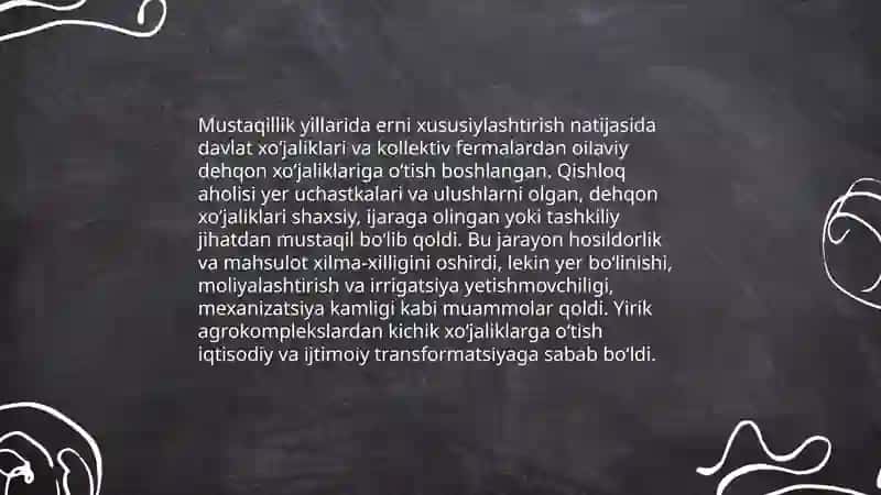 Mustaqillik yillarida qishloq xoʻjaligi va sanoat sohasidagi oʻzgarishlar 3