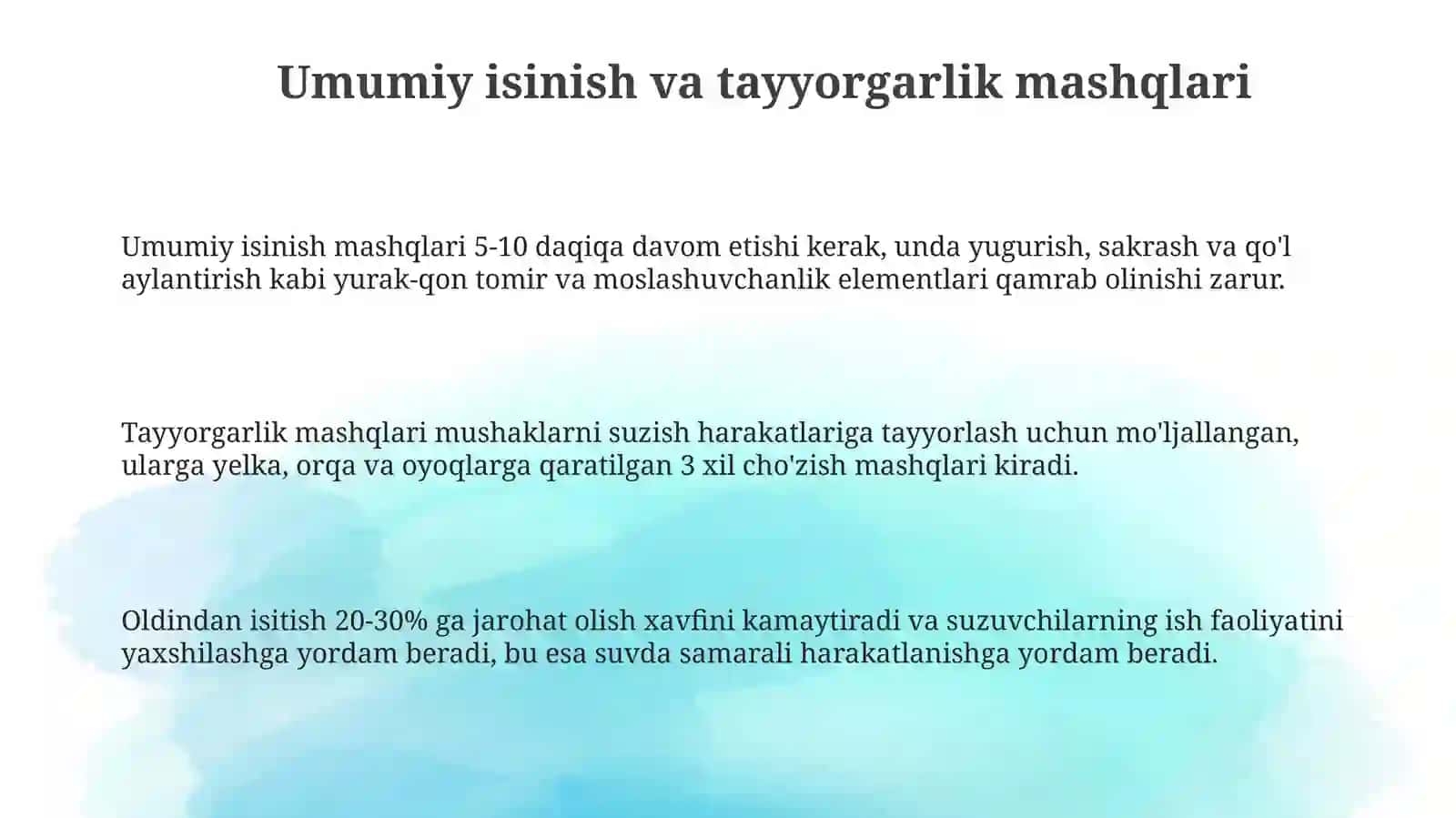 Suzishning usullarini oʻrgatish va oʻzlashtirish boʻyicha tayyorlov mashqlari 3