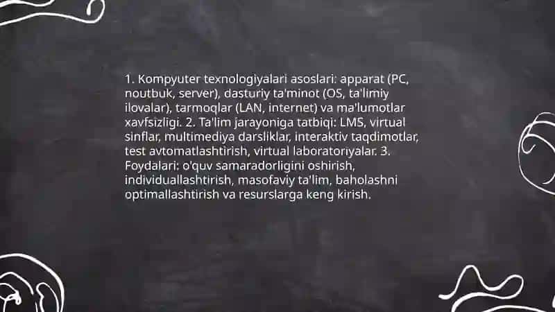 O'quv jarayonini tashkil etishda kompyuter texnologiyasi va internet tizimidan samarali foydalanishni o'rganish 3