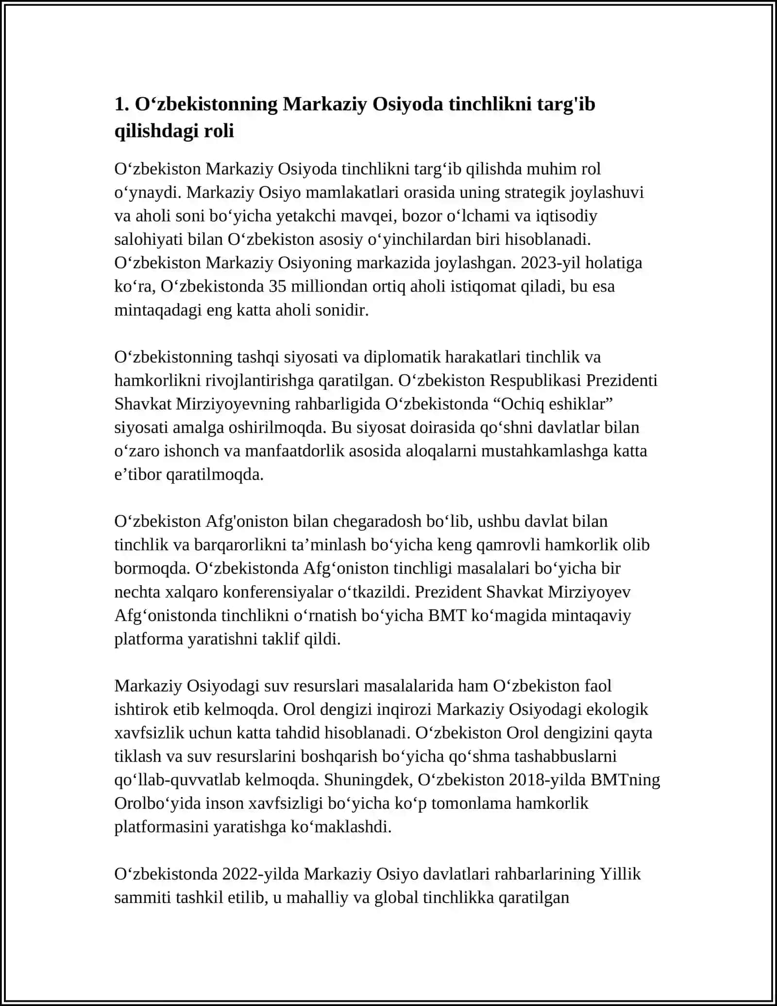 UZBEKISTONNING MARKAZIY OSIYODA TINCLIK VA BARQARORLIKNI TAMINLASHDAGI ÓRNI 3