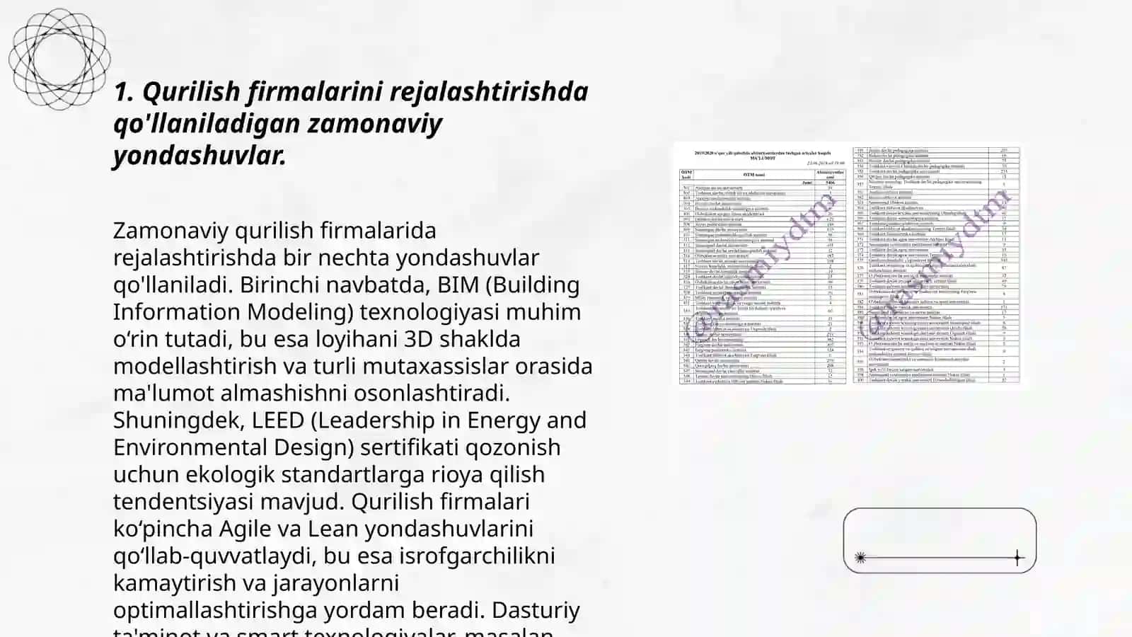 Qurilish firmalarini rejalashtirish tashkil etish va boshqarish faoliyatini tartibga soluvchi zamonaviy qarorlar,yo'riqnomalar va boshqa normativ hujjatlar bilan tanishish 3