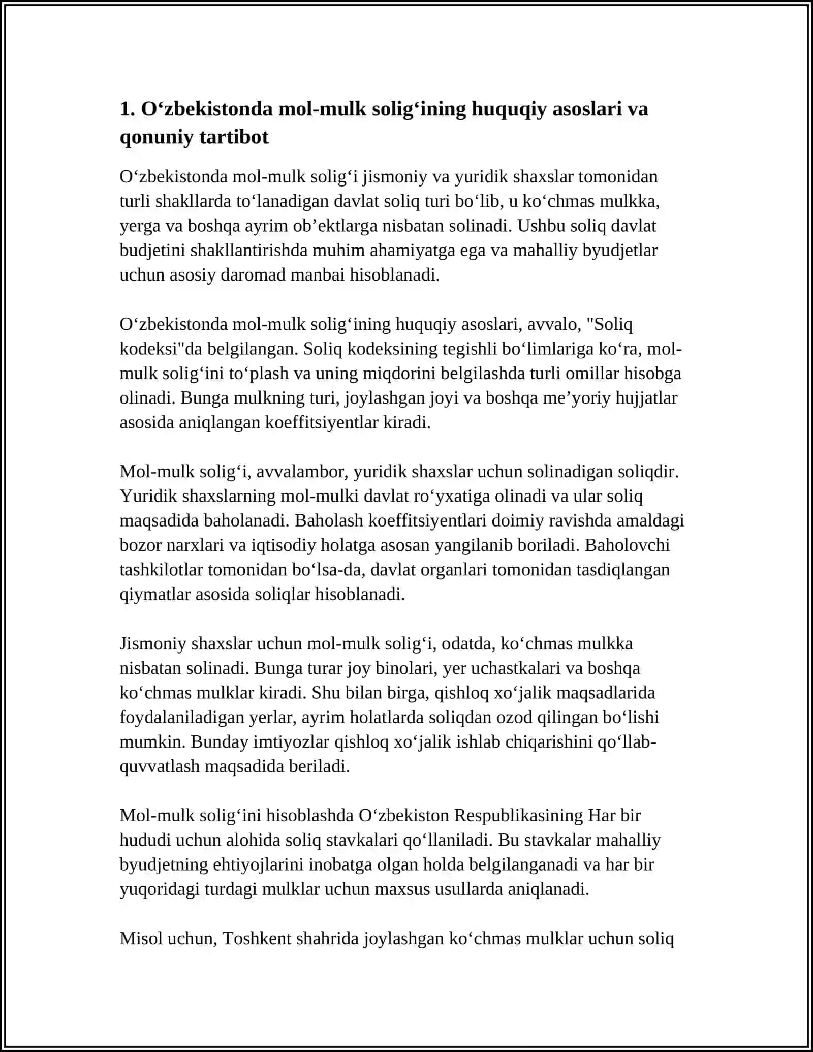 OʻZBEKISTONDA MOL-MULKNI SOLIQQA TORTISHNING OʻZIGA XOS XUSUSIYATLARI 3
