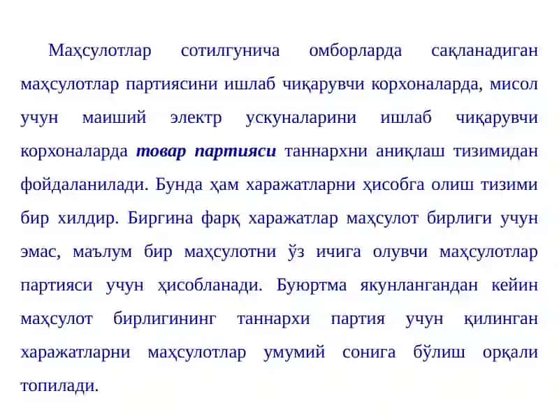 Ишлаб чиқариш таннархини буюртмалар бўйича 3