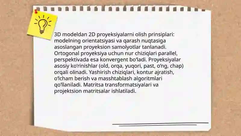 3D muhitda bajarilgan chizmalarni 2D muhitga o'tkazish 3