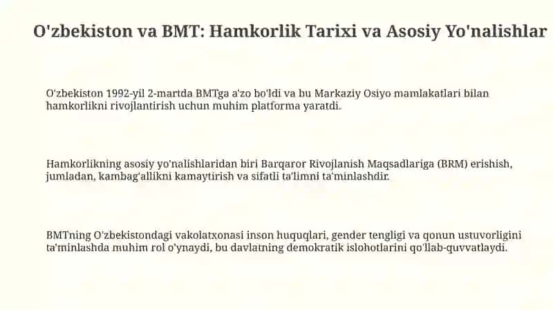 O'zbekiston va BMT: Hamkorlik Tarixi va Asosiy Yo'nalishlar 3