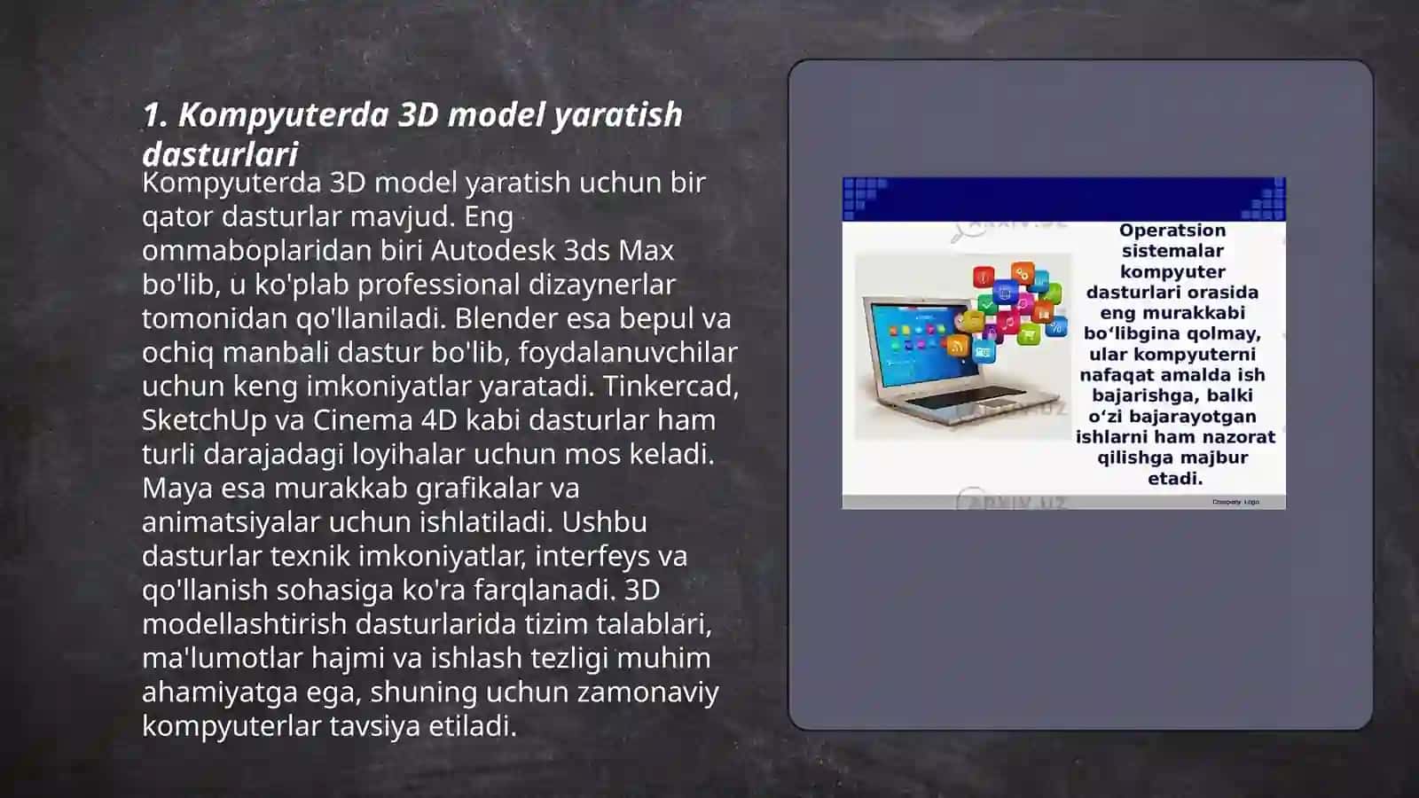 Kompyuterda uch o’lchamli modellar hosil qilish va ularni tahrirlash 3
