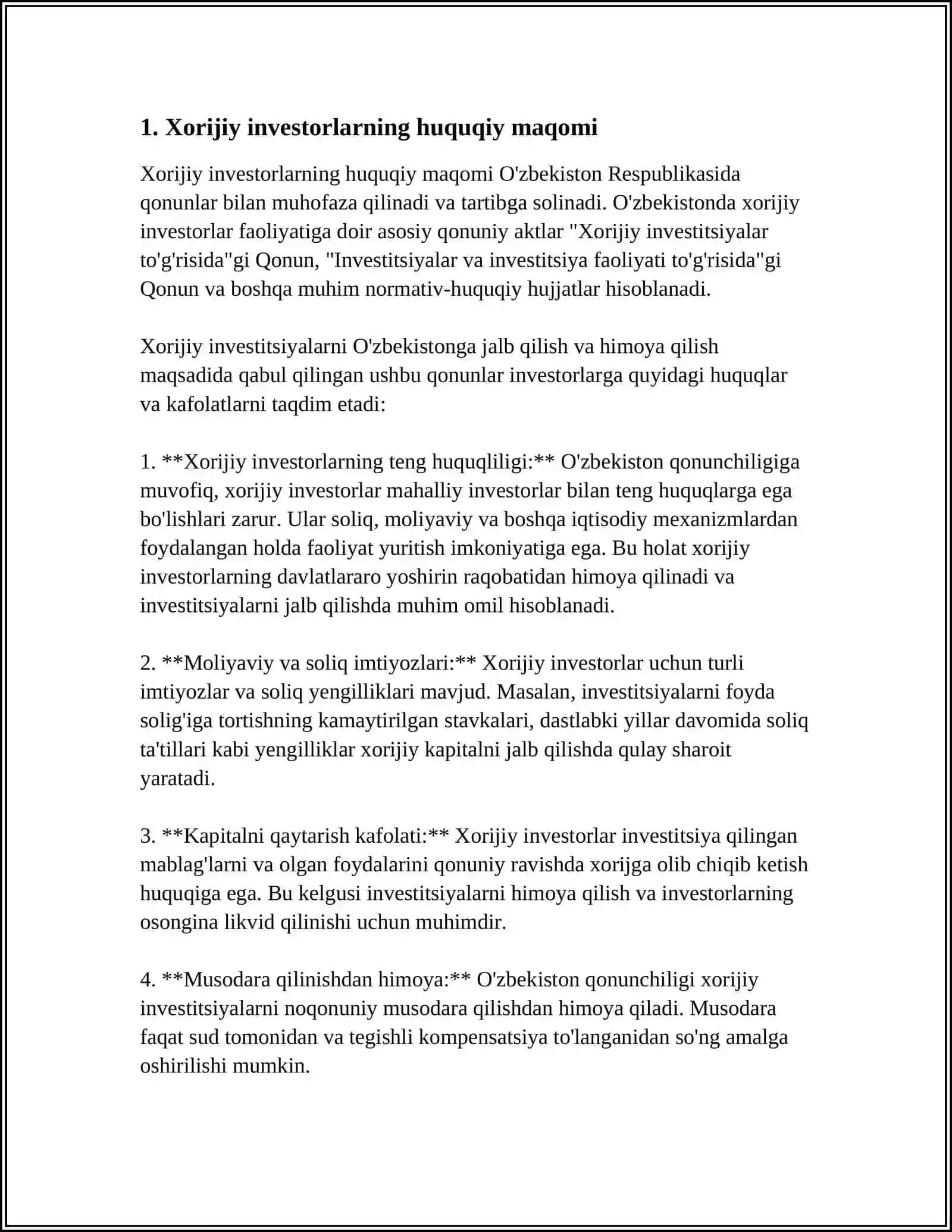 XORIJIY INVESTORLAR HUQUQIY HOLATINING O'ZIGA XOS XUSUSIYATLARI 3