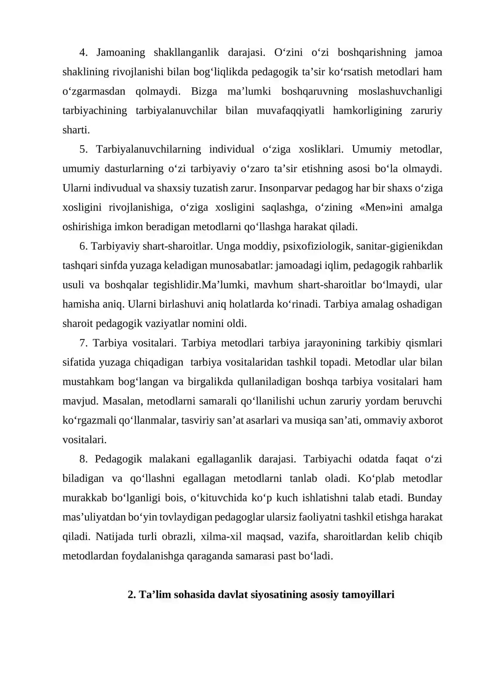 Tarbiya turlari mazmuni, maqsad va vazifalari, shakl va metodlari. Taʼlim sohasida davlat siyosatining asosiy tamoyillari. Tarbiya jarayonining mohiyati, mazmuni, tarbiya tamoyillari va metodlari 3