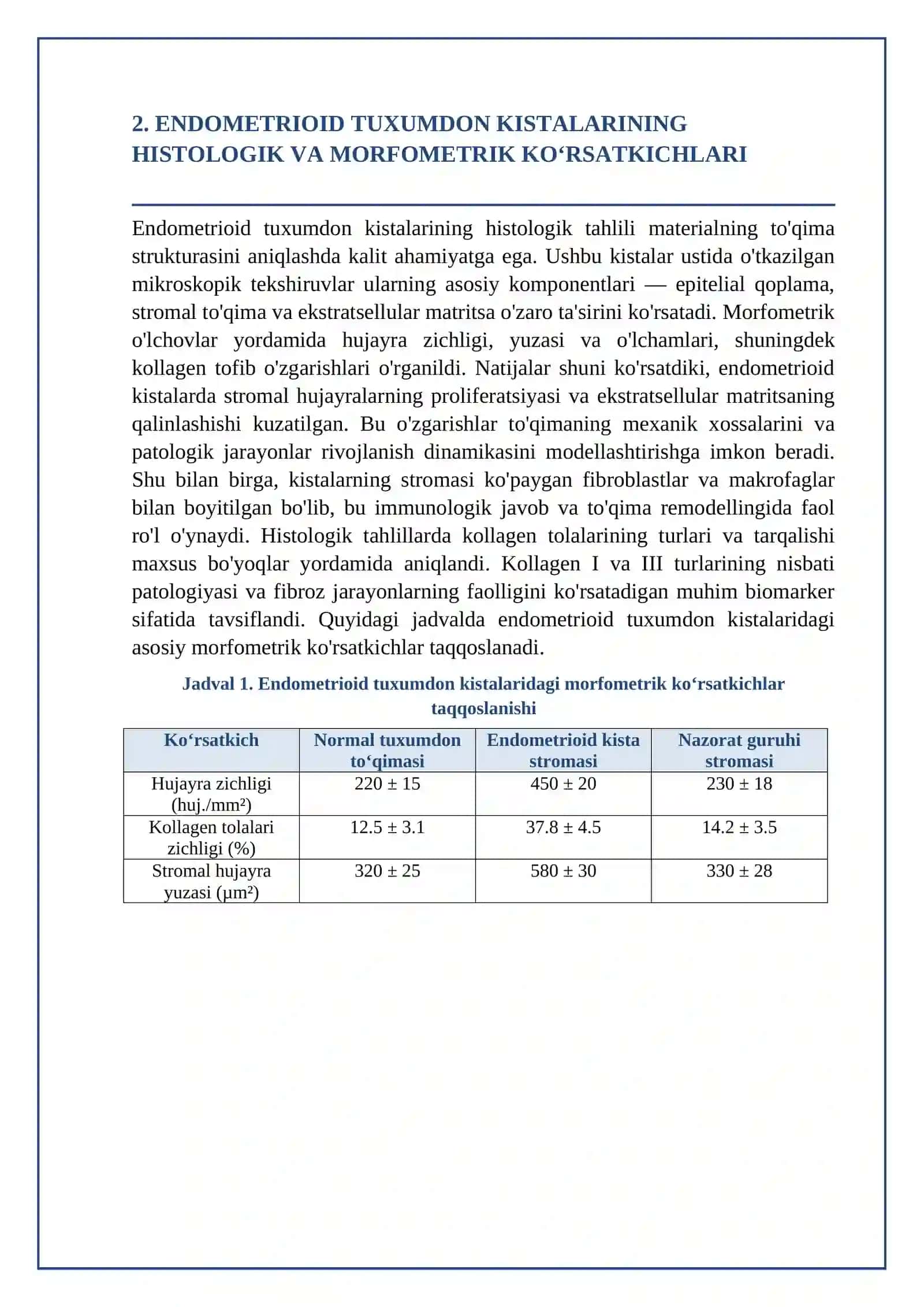 Endometrioid tuxumdon kistalarida to'qima remodellingining morfologik tahlili 3