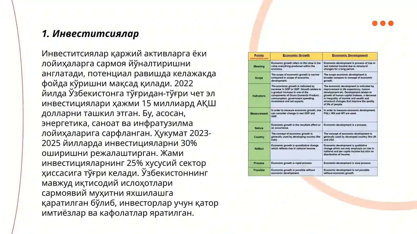 Иқтисодий ўсишга таъсик қилувчи асосий омилларни санаб ўтинг ва қисқача тавсиф беринг 3