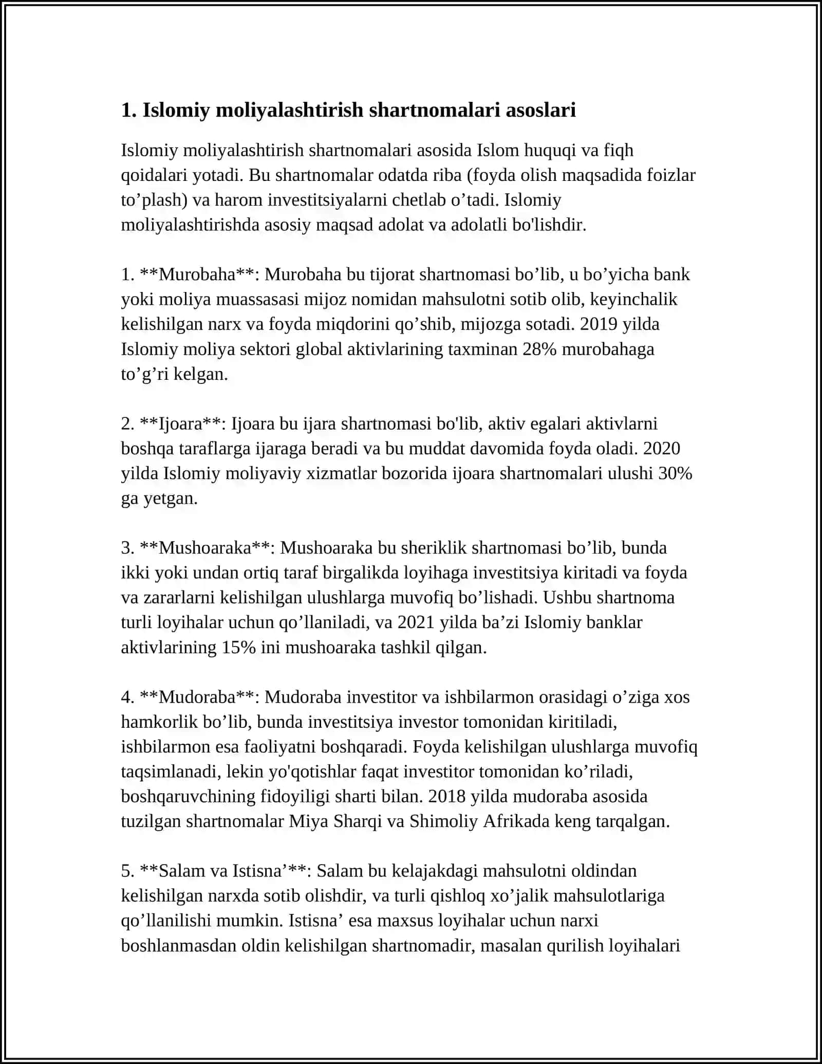 ISLOMIY MOLIYALASHTIRISH SHARTNOMALARIDA FOYDA VA ZARAR TAQSIMOTINI BELGILASH VA ISLOM BANK STANDARTLARIDA FOYDA VA ZARAR TAQSIMOTIGA DOIR QOIDALAR 3