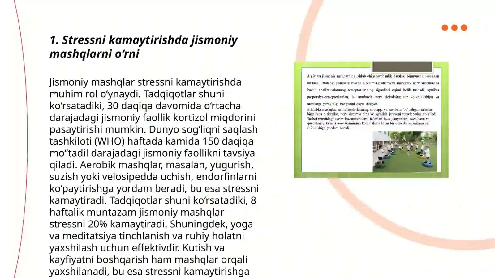 Stress va asabiylashishni tartibga solish uchun jismoniy madaniyatning asosiy vositalari 3