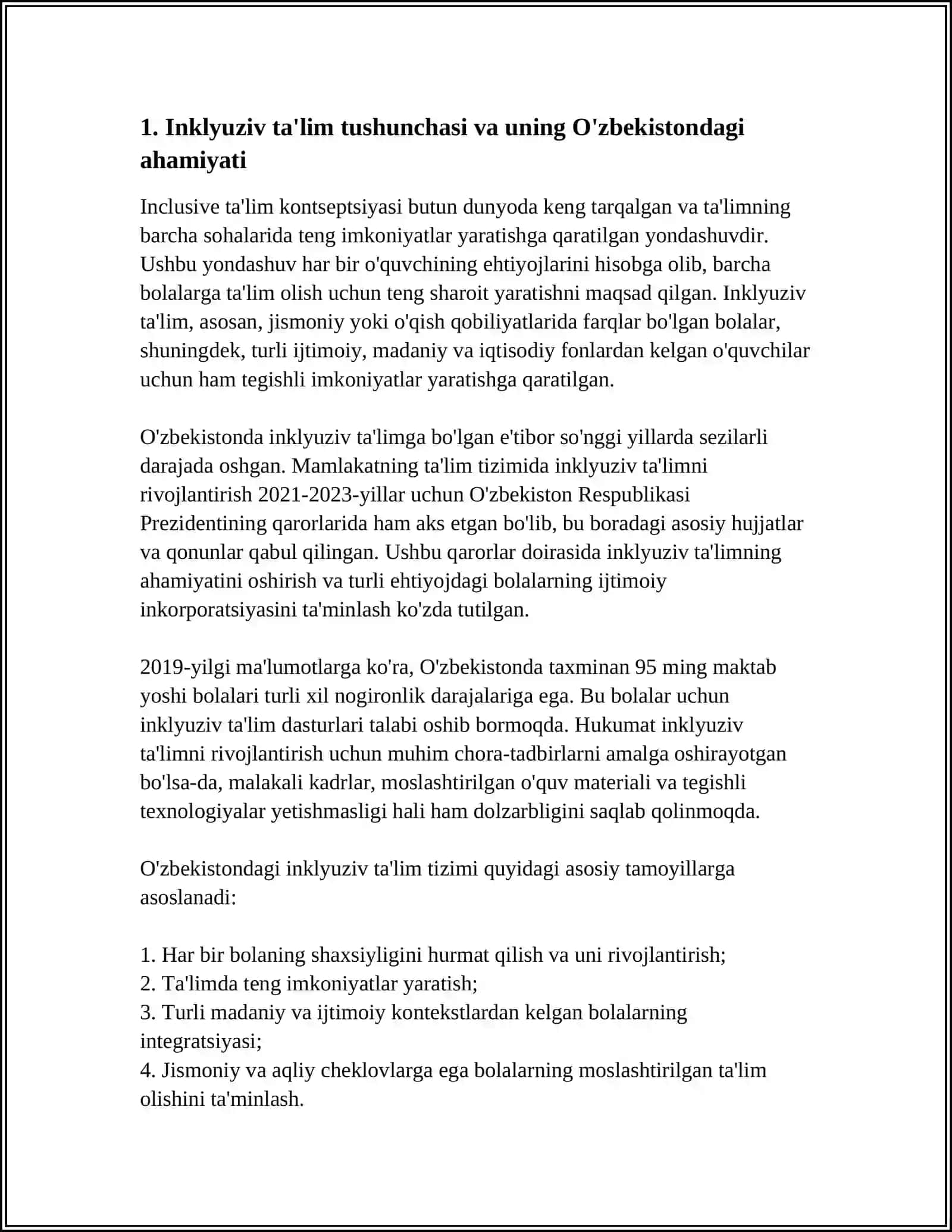 MUSTAQIL ISH Mavzu: OʻZBEKISTON RESPUBLIKASIDA INKLYUZIV TAʼLIMNI QOʻLLAB-QUVVATLASHDA AMALIY TAJRIBALAR 3