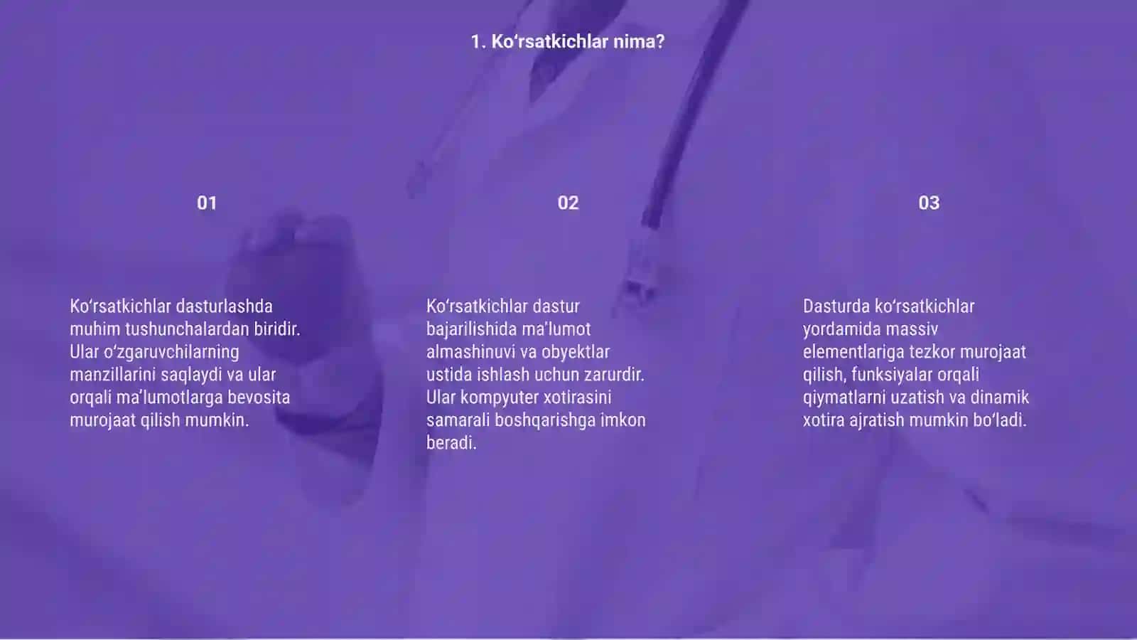 Ko'rsatkichlar bilan ishlash adrislar va almashinish 3